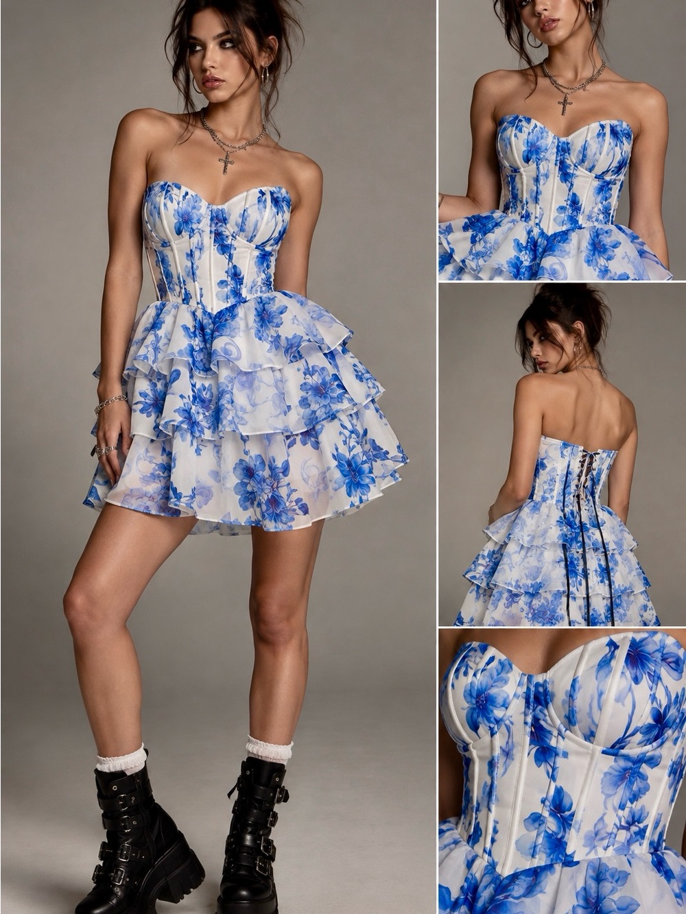 Fashion Class & Fashion Blue Floral Corset Ruffle Mini Dress Size 6 NWT
